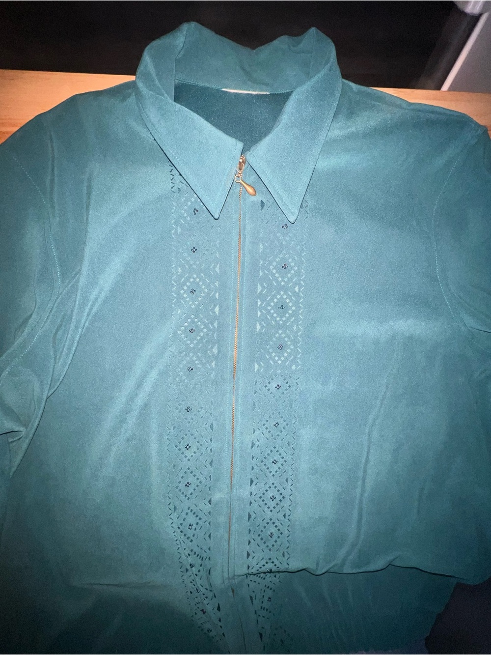 Vintage Alfred Dunner Teal 2 Piece Pant Set Size 16 Eyelet Beaded Zip Jacke